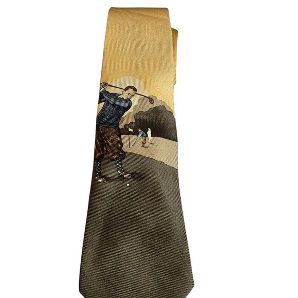 Brooks Brothers 100% Silk Vintage Golf Print Tie Green/Gold - Picture 2 of 8